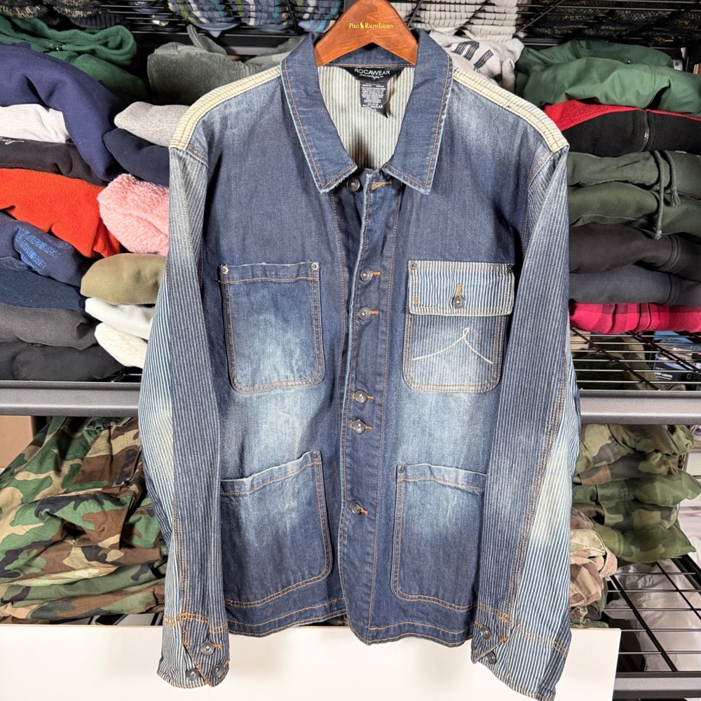 y2k Rocawear Mens Denim Jacket Blue Striped‎ Workwear Style Size 42